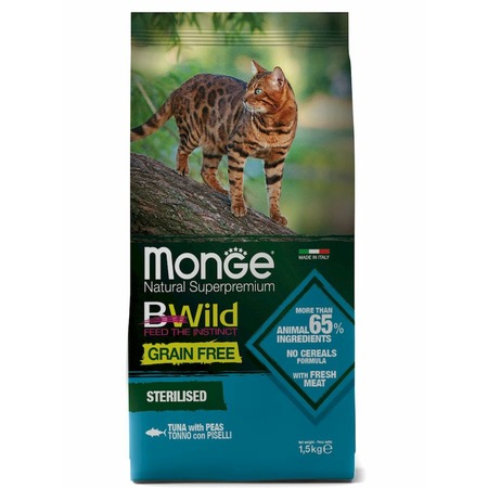 Monge Cat BWild Grain Free полнорационный сухой корм для стерилизованных кошек, беззерновой, с тунцом и горохом - 1,5 кг фото 1