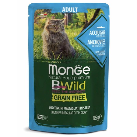 Monge Cat BWild Grain Free полнорационный влажный корм для кошек, беззерновой, с анчоусами и овощами, кусочки в соусе, в паучах - 85 г фото 1