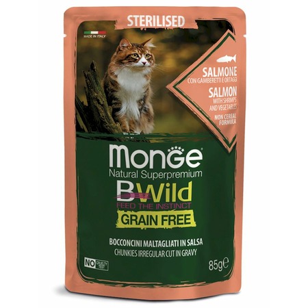 Monge Cat BWild Grain Free полнорационный влажный корм для кошек, беззерновой, с лососем, креветками и овощами, кусочки в соусе, в паучах - 85 г фото 1