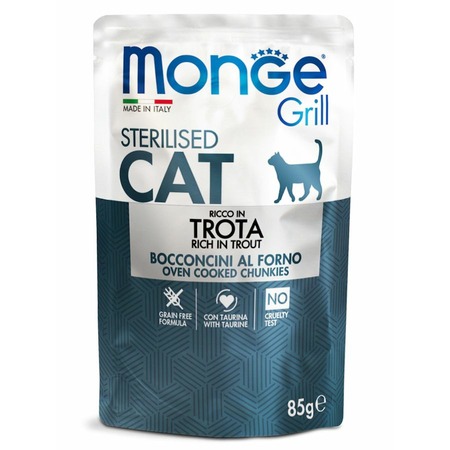 Monge Cat Grill полнорационный влажный корм для стерилизованных кошек, беззерновой, с итальянской форелью, кусочки в желе, в паучах - 85 г фото 1