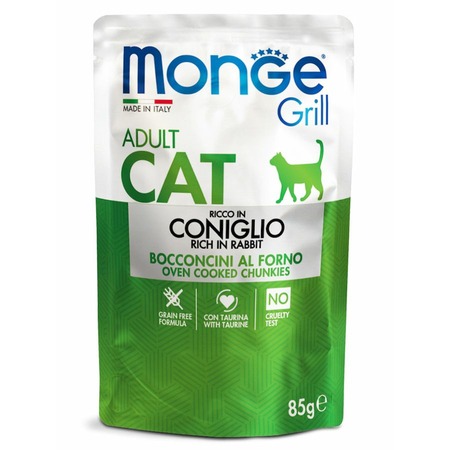 Monge Cat Grill полнорационный влажный корм для кошек, беззерновой, с итальянским кроликом, кусочки в желе, в паучах - 85 г фото 1