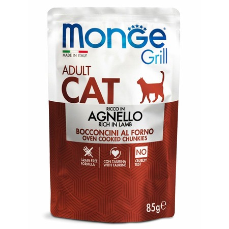 Monge Cat Grill полнорационный влажный корм для кошек, беззерновой, с новозеландским ягненком, кусочки в желе, в паучах - 85 г фото 1