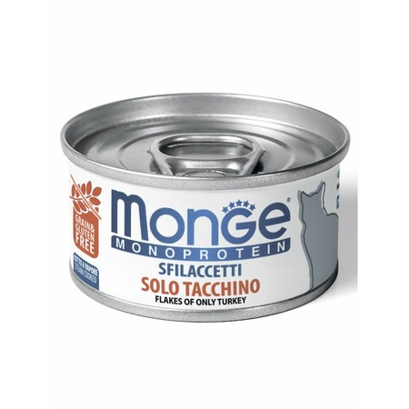 Monge Cat Monoprotein полнорационный влажный корм для кошек, беззерновой, с индейкой, мясные хлопья, в консервах - 80 г фото 1