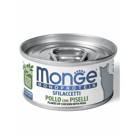 Monge Cat Monoprotein полнорационный влажный корм для кошек, беззерновой, с курицей и горошком, мясные хлопья, в консервах - 80 г фото 1