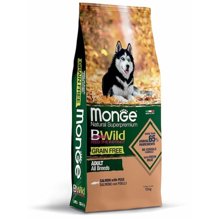 Monge Dog BWild Grain Free сухой беззерновой корм для взрослых собак всех пород с лососем и горохом 12 кг фото 1
