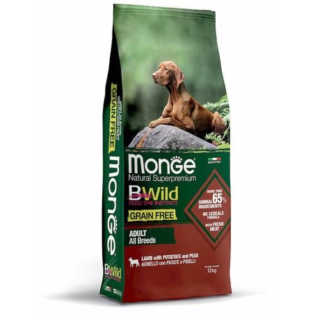 Monge Dog BWild Grain Free сухой беззерновой корм для взрослых собак всех пород с мясом ягненка, картофелем и горохом - 12 кг фото 1