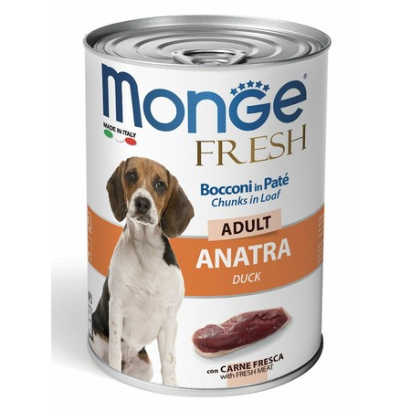 Monge Dog Fresh Chunks in Loaf полнорационный влажный корм для собак, с мясным рулетом из утки, кусочки в паштете, в консервах - 400 г фото 1