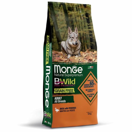 Monge Dog BWild Grain Free сухой беззерновой корм для взрослых собак всех пород с мясом утки и картофелем 12 кг фото 1
