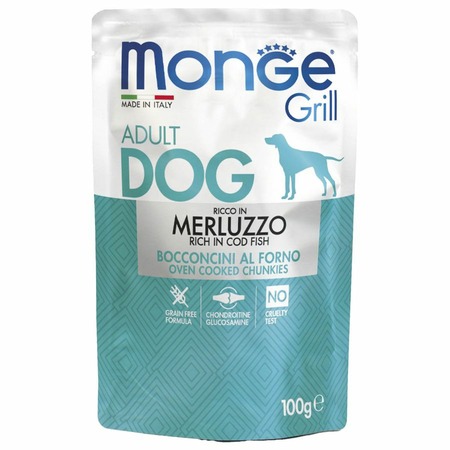 Monge Dog Grill полнорационный влажный корм для собак, беззерновой, с треской, кусочки в соусе, в паучах - 100 г фото 1