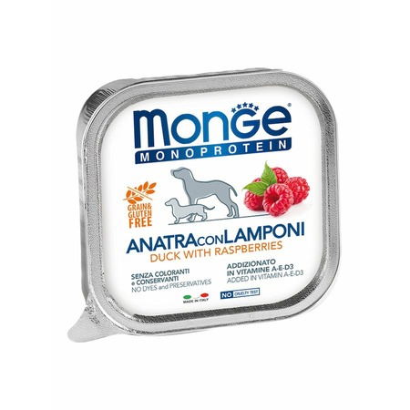 Monge Dog Natural Monoprotein Fruits полнорационный влажный корм для собак, беззерновой, паштет с уткой и малиной, в ламистерах - 150 г фото 1