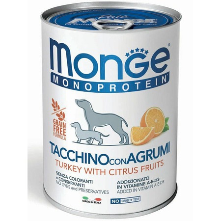 Monge Dog Natural Monoprotein Fruits полнорационный влажный корм для собак, беззерновой, паштет с индейкой, рисом и цитрусовыми, в консервах - 400 г фото 1