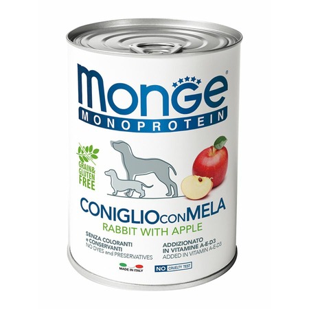 Monge Dog Natural Monoprotein Fruits полнорационный влажный корм для собак, беззерновой, паштет с кроликом, рисом и яблоками, в консервах - 400 г фото 1