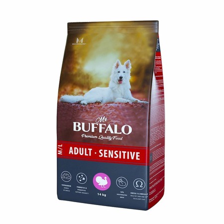 Mr. Buffalo Adult M/L Sensitive полнорацинный сухой корм для собак средних и крупных пород с чувствительным пищеварением, с индейкой - 14 кг фото 1