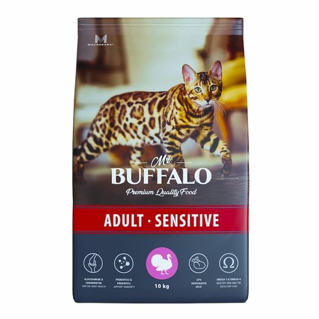 Mr.Buffalo Adult Sensitive полнорационный сухой корм для взрослых котов и кошек с чувствительным пищеварением, с индейкой - 10 кг фото 1
