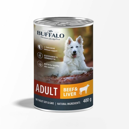 Mr.Buffalo Adult влажный корм для взрослых собак с говядиной и печенью, в консервах - 400 г х 9 шт фото 1