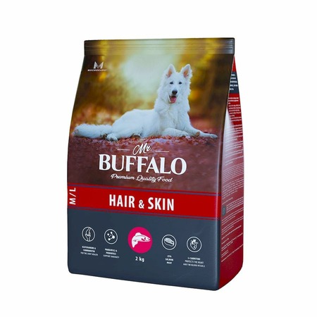Mr.Buffalo Hair & Skin Care полнорационный сухой корм для взрослых собак всех пород, для здоровой кожи и красивой шерсти, с лососем - 2 кг фото 1