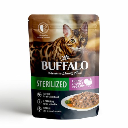 Mr. Buffalo Sterilized влажный корм для стерилизованных котов и кошек, с индейкой, кусочки в соусе, в паучах - 85 г фото 1