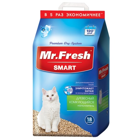 Mr.Fresh Smart древесный комкующийся наполнитель для длинношерстных кошек - 18 л (8,8 кг) фото 1