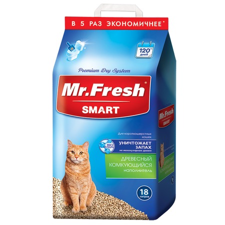 Mr.Fresh Smart древесный комкующийся наполнитель для короткошерстных кошек - 18 л (8,4 кг) фото 1