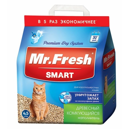 Mr.Fresh Smart древесный комкующийся наполнитель для короткошерстных кошек - 4,5 л (2,1 кг) фото 1