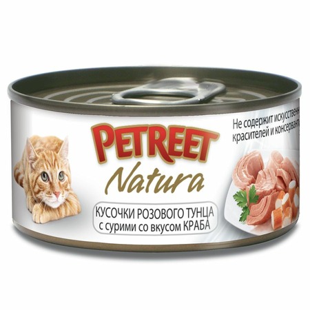 Petreet Natura влажный корм для кошек, с розовым тунцом и сурими со вкусом краба, кусочки в бульоне, в консервах - 70 г фото 1