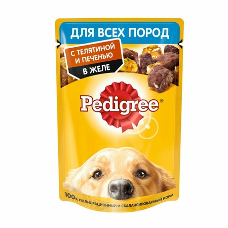 Pedigree полнорационный влажный корм для собак, с телятиной и печенью, кусочки в желе, в паучах - 85 г фото 1