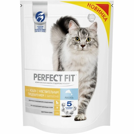 Perfect Fit полнорационный сухой корм для кошек с чувствительным пищеварением, с лососем - 650 г фото 1