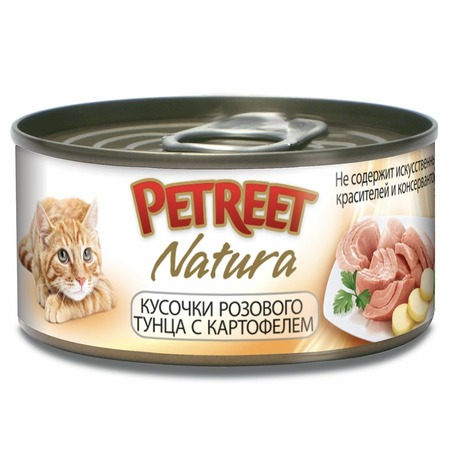 Petreet Natura влажный корм для кошек, с розовым тунцом и картофелем, кусочки в бульоне, в консервах - 70 г фото 1