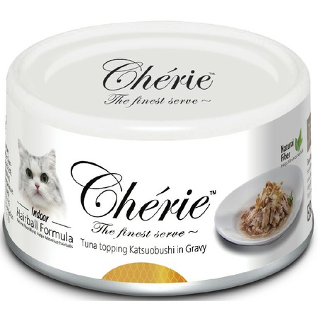 Pettric Cherie Hairball Control влажный корм для кошек, с тунцом и хлопьями копченого тунца-бонито, кусочки в подливе, в консервах - 80 г фото 1