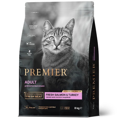 Premier Cat Adult Cat Salmon&Turkey сухой корм для взрослых кошек, с лососем и индейкой - 8 кг фото 1