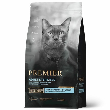 Premier Cat Salmon & Turkey Sterilised сухой корм для взрослых стерилизованных кошек, свежее филе лосося с индейкой - 2 кг фото 1