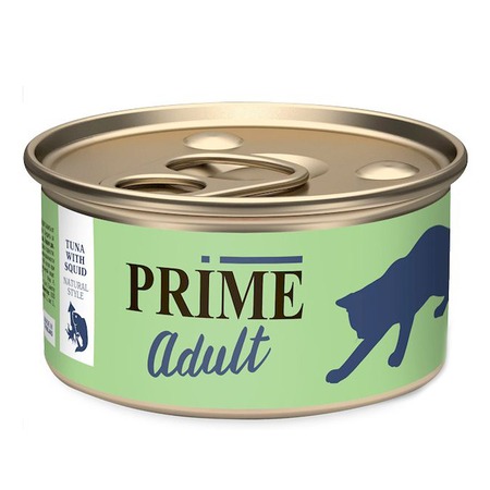 Prime Adult влажный корм для кошек, с тунцом и кальмаром, кусочки в собственном соку, консервах - 70 г фото 1