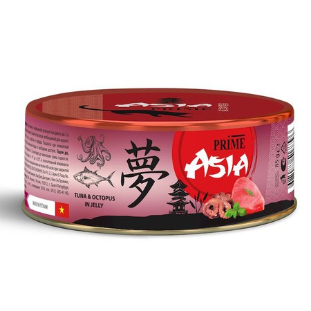 Prime Asia влажный корм для взрослых кошек тунец с осьминогом в желе, в консервах - 85 г х 24 шт фото 1