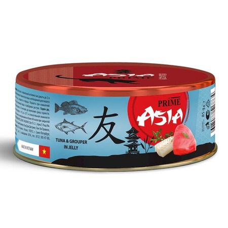 Prime Asia влажный корм для взрослых кошек тунец с рыбой групер в желе, в консервах - 85 г х 24 шт фото 1