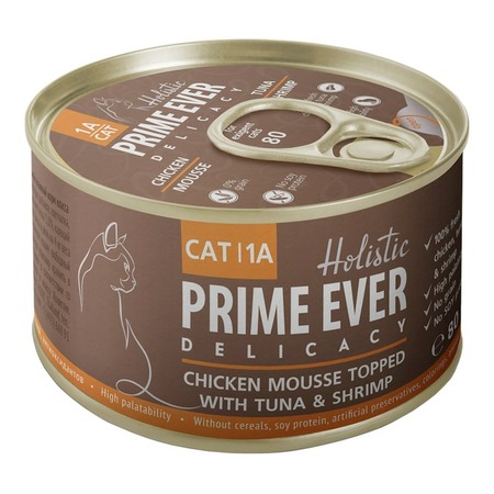 Prime Ever Delicacy влажный корм для кошек, мусс с цыпленком, тунцом и креветками, в консервах - 80 г фото 1