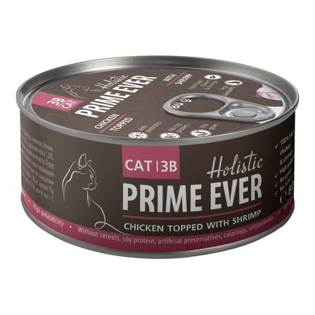 Prime Ever 3B влажный корм для кошек, с цыпленком и креветками, кусочки в желе, в консервах - 80 г фото 1