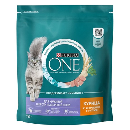 Purina One сухой корм для кошек для красивой шерсти и здоровой кожи с курицей - 750 г фото 1