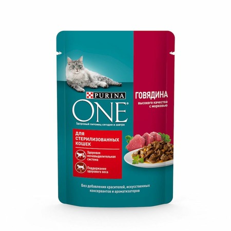 Purina ONE Sterilised влажный корм для стерилизованных кошеки и кастрированных котов, с говядиной и морковью, кусочки в соусе, в паучах - 75 г фото 1
