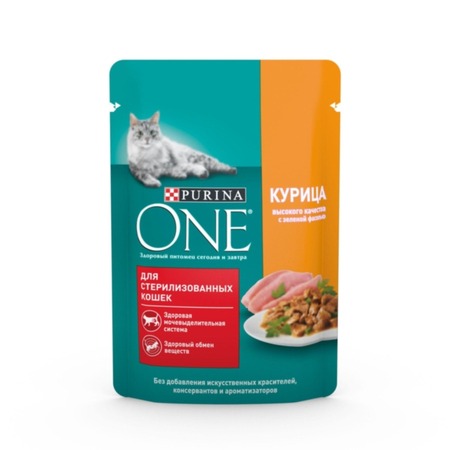 Purina ONE Sterilised влажный корм для стерилизованных кошек и кастрированных котов, с курицей и зеленой фасолью, в соусе, в паучах - 75 г фото 1