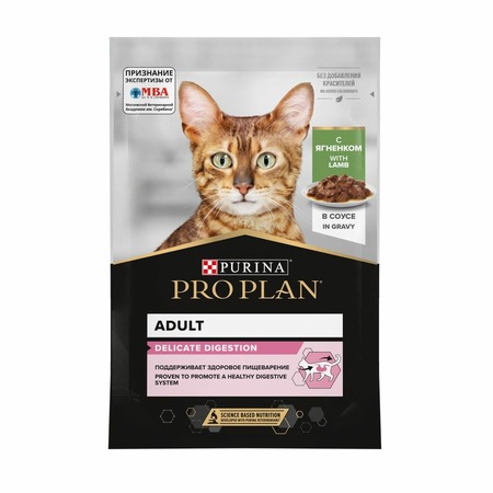 Pro Plan Delicate влажный корм для кошек с чувствительным пищеварением, с ягненком, кусочки в соусе, в паучах - 85 г фото 1