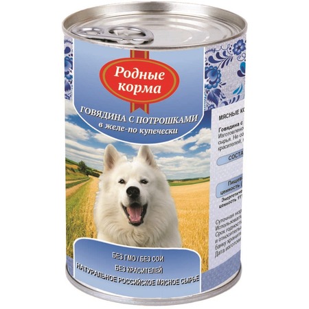 Родные корма влажный корм для собак, фарш из говядины с потрошками по-купечески в желе, в консервах - 970 г фото 1