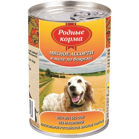 Родные корма влажный корм для собак, фарш из мясного ассорти по-боярски в желе, в консервах - 410 г фото 1