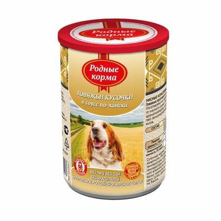 Родные Корма влажный корм для взрослых собак Говяжьи кусочки в соусе по-хански в консервах - 410 г х 9 шт фото 1