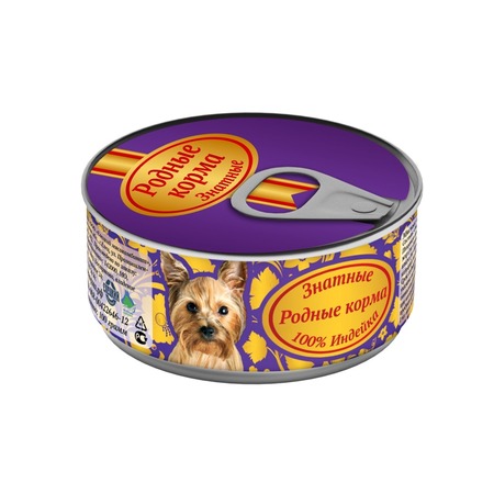 Родные корма Знатные влажный корм для собак, с индейкой, кусочки в желе, в консервах - 100 г фото 1