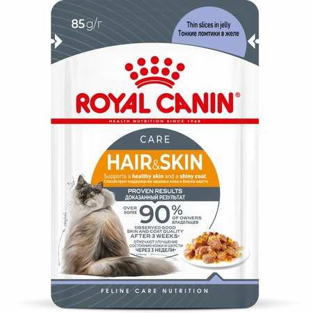 Royal Canin Hair&Skin Care полнорационный влажный корм для взрослых кошек с чувствительной кожей или проблемной шерстью, кусочки в желе, в паучах - 85 г фото 1