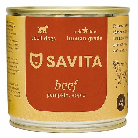 Savita влажный корм для собак, с говядиной, с тыквой и яблоком, в консервах - 410 г фото 1