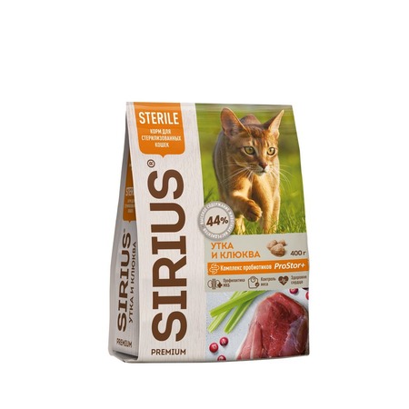 Sirius для стерилизованных с уткой и клюквой сухой корм для кошек 400 г фото 1