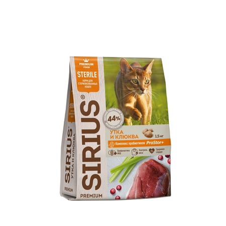 Sirius для стерилизованных с уткой и клюквой сухой корм для кошек 1,5 кг фото 1