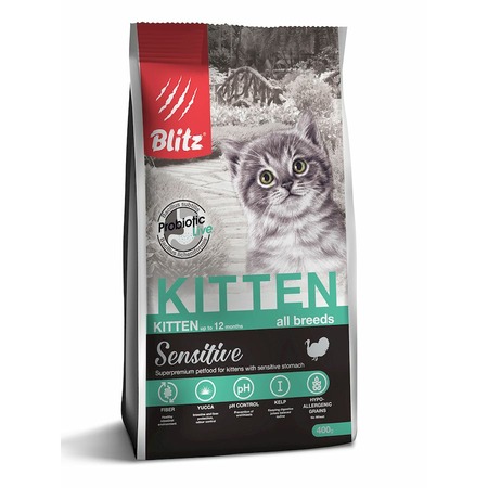 Blitz Sensitive Kitten полнорационный сухой корм для котят, беременных и кормящих кошек, с индейкой - 400 г фото 1