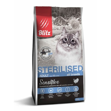 Blitz Sensitive Sterilised Cats полнорационный сухой корм для стерилизованных кошек, с индейкой - 400 г фото 1